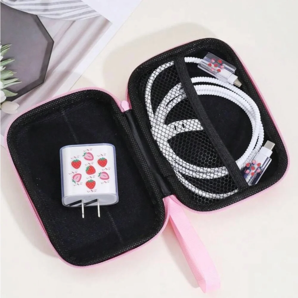 6pcs Strawberry Pattern TPU Data Cable Protector & Charger Head Cover & Storage